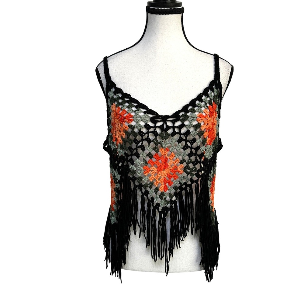 VIVID Crochet Tank Top Womens Size L Granny Square Fringe Festival Hippy‎ Boho
